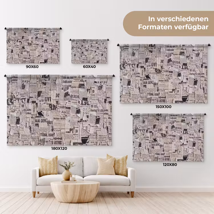 Krant - Gescheurd - Textuur - Abstract - Zwart-wit Wandkleed katoen klein -tsfeer8_DE