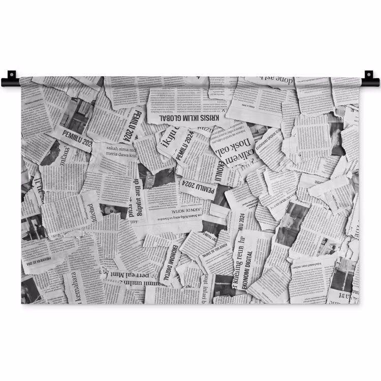 Krant - Versnipperd - Textuur - Zwart-wit - Abstract Wandkleed katoen klein -zz3d