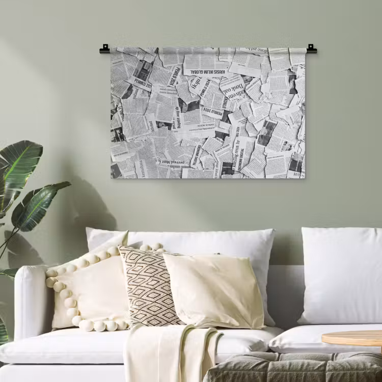 Krant - Versnipperd - Textuur - Zwart-wit - Abstract Wandkleed katoen klein -sfeer7