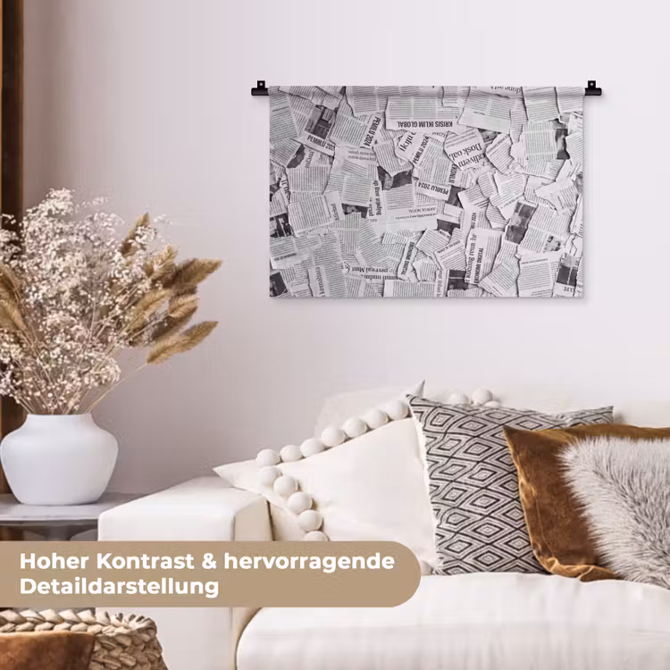 Krant - Versnipperd - Textuur - Zwart-wit - Abstract Wandkleed katoen klein -tsfeer1_DE