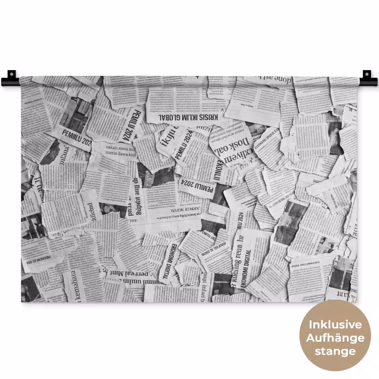 Krant - Versnipperd - Textuur - Zwart-wit - Abstract Wandkleed katoen klein -t3d_DE