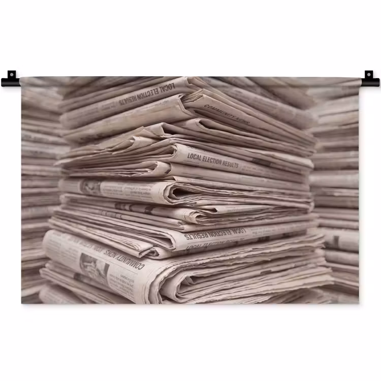 Kranten - Stapel - Nieuws - Vintage - Beige Wandkleed katoen klein -zz3d