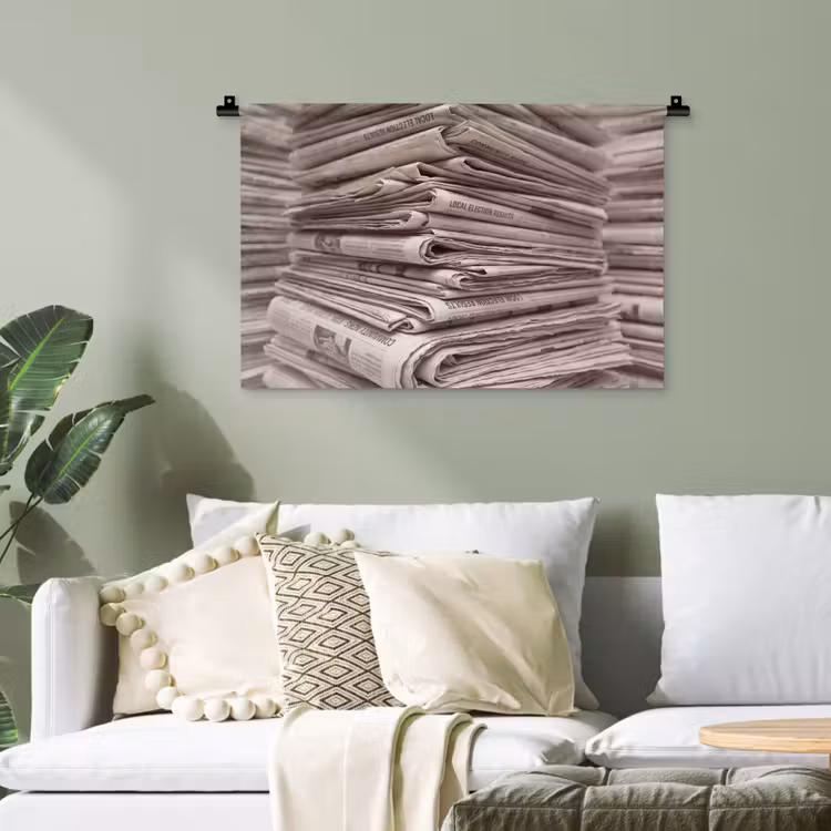Kranten - Stapel - Nieuws - Vintage - Beige Wandkleed katoen klein -sfeer7
