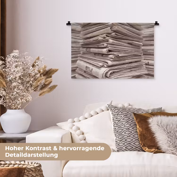 Kranten - Stapel - Nieuws - Vintage - Beige Wandkleed katoen klein -tsfeer1_DE