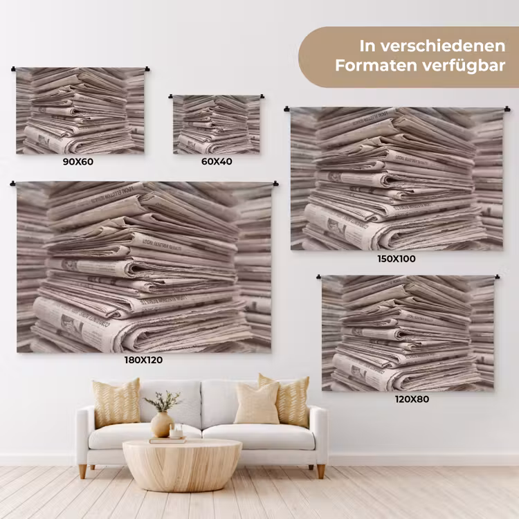 Kranten - Stapel - Nieuws - Vintage - Beige Wandkleed katoen klein -tsfeer8_DE