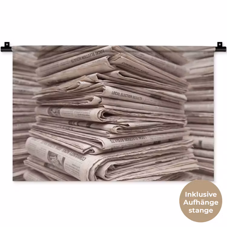 Kranten - Stapel - Nieuws - Vintage - Beige Wandkleed katoen klein -t3d_DE