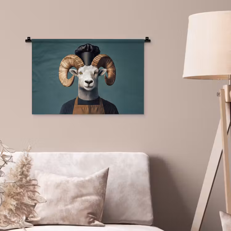 Geit - Hoorns - Kokskleding Wandkleed katoen klein -sfeer4