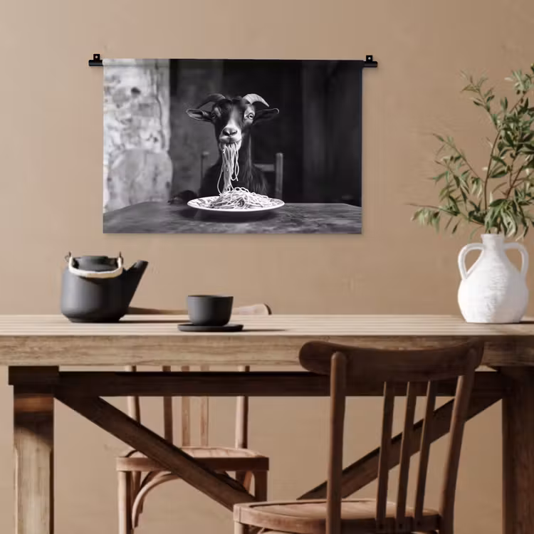 Geit - Bord - Spaghetti - Zwart Wit Wandkleed katoen klein -sfeer6