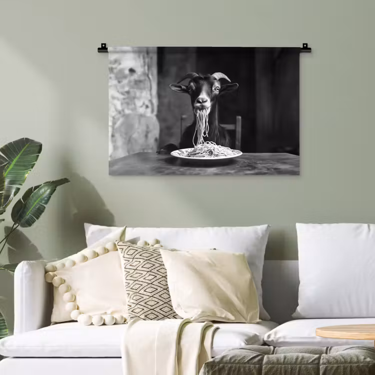 Geit - Bord - Spaghetti - Zwart Wit Wandkleed katoen klein -sfeer7