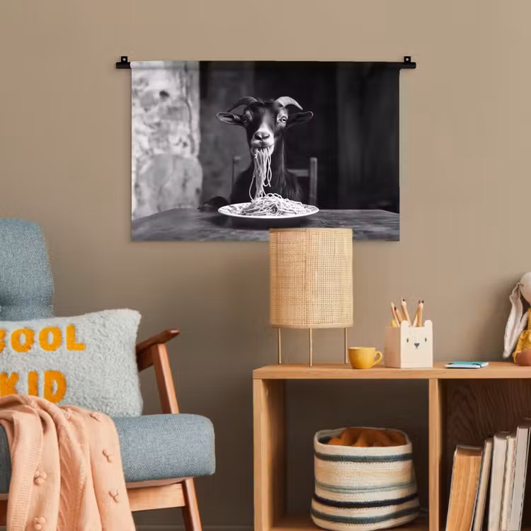 Geit - Bord - Spaghetti - Zwart Wit Wandkleed katoen klein -wsfeer4_kind
