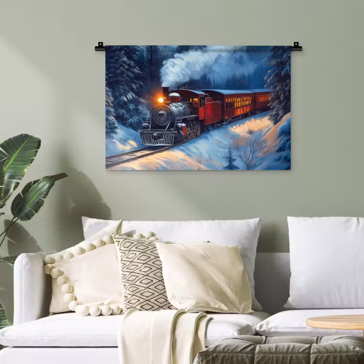 Trein - Kerst - Sneeuw - Kersttrein Wandkleed katoen klein -sfeer7