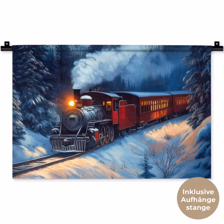 Trein - Kerst - Sneeuw - Kersttrein Wandkleed katoen klein -t3d_DE