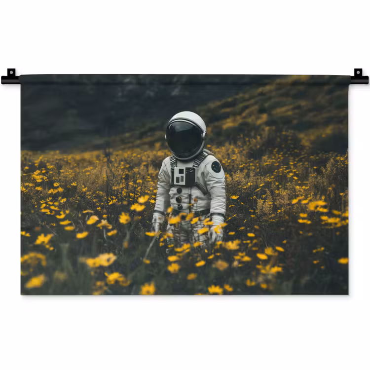 Astronaut - Bloemen - Veld - Geel Wandkleed katoen klein -zz3d