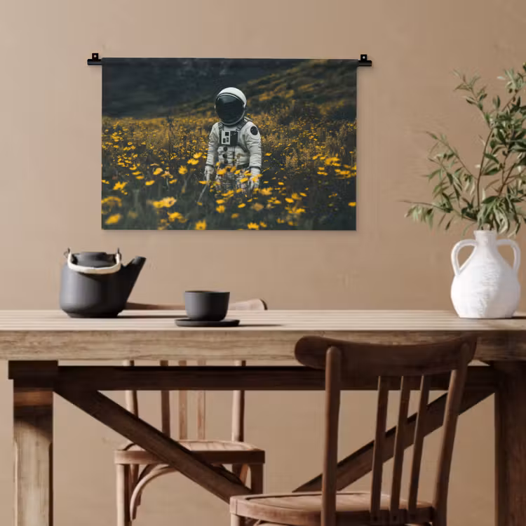 Astronaut - Bloemen - Veld - Geel Wandkleed katoen klein -sfeer6