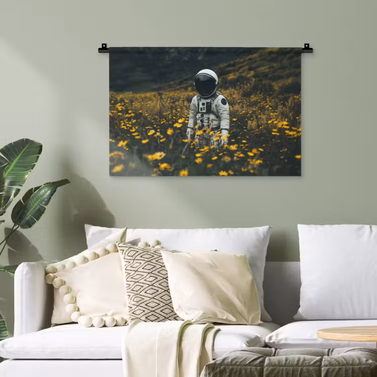 Astronaut - Bloemen - Veld - Geel Wandkleed katoen klein -sfeer7