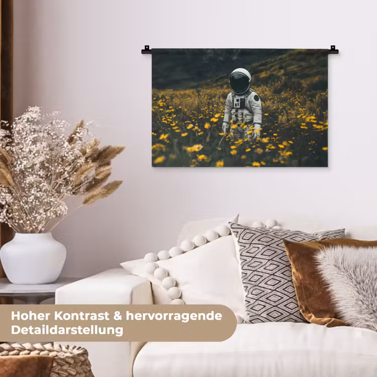 Astronaut - Bloemen - Veld - Geel Wandkleed katoen klein -tsfeer1_DE