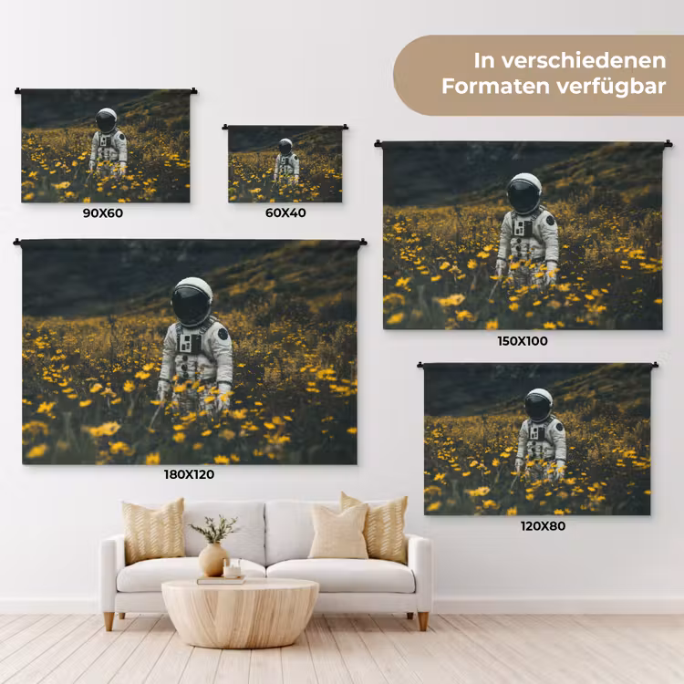 Astronaut - Bloemen - Veld - Geel Wandkleed katoen klein -tsfeer8_DE