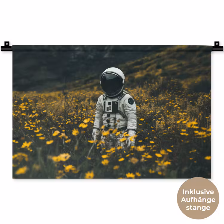 Astronaut - Bloemen - Veld - Geel Wandkleed katoen klein -t3d_DE