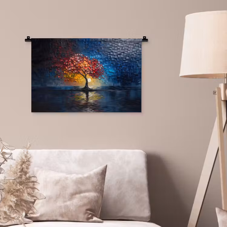 Boom - Blauw - Bladeren - Vakken Wandkleed katoen klein -sfeer4