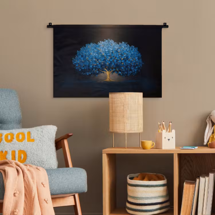 Boom - Blauw - Bladeren - Penseelstreken Wandkleed katoen klein -wsfeer4_kind