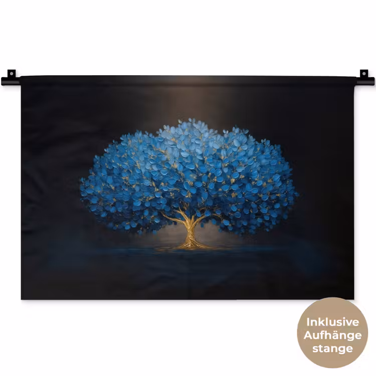 Boom - Blauw - Bladeren - Penseelstreken Wandkleed katoen klein -t3d_DE
