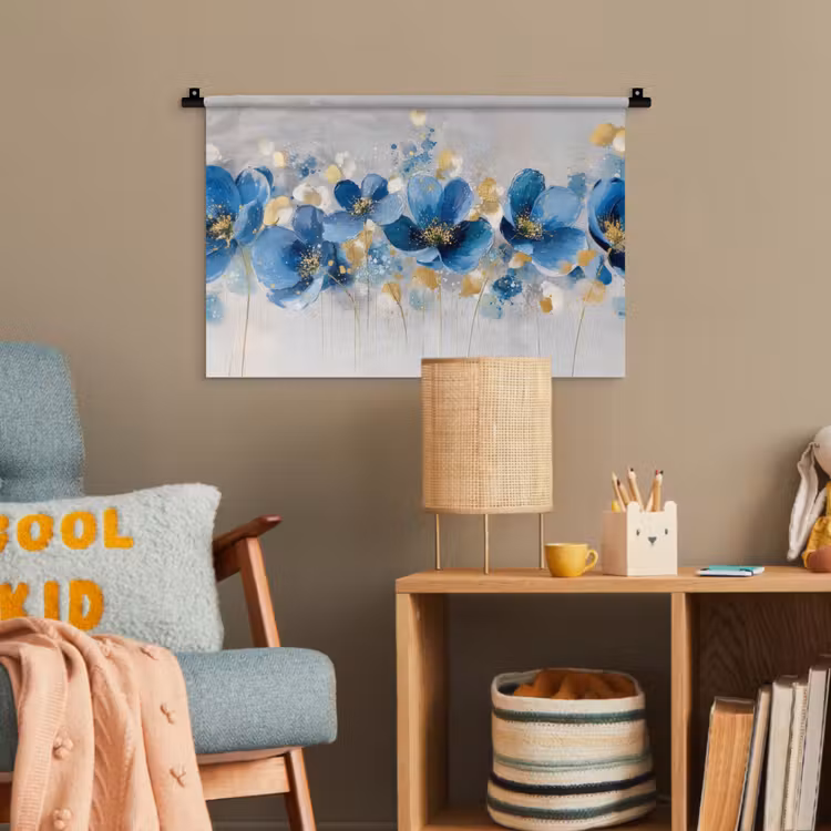 Bloemen - Blauw - Abstract Wandkleed katoen klein -wsfeer4_kind