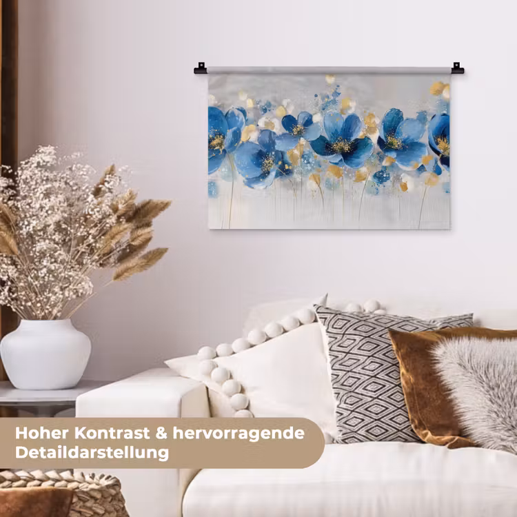 Bloemen - Blauw - Abstract Wandkleed katoen klein -tsfeer1_DE