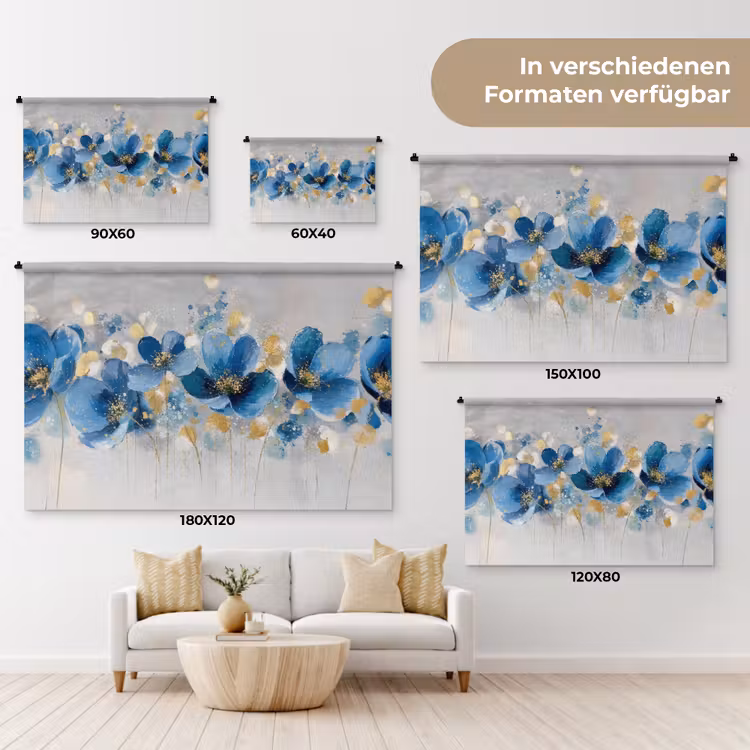 Bloemen - Blauw - Abstract Wandkleed katoen klein -tsfeer8_DE