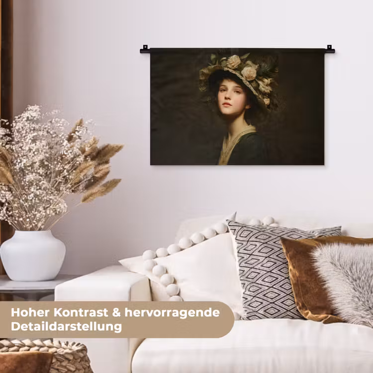 Bloemenhoed - Portret - Vrouw Wandkleed katoen klein -tsfeer1_DE