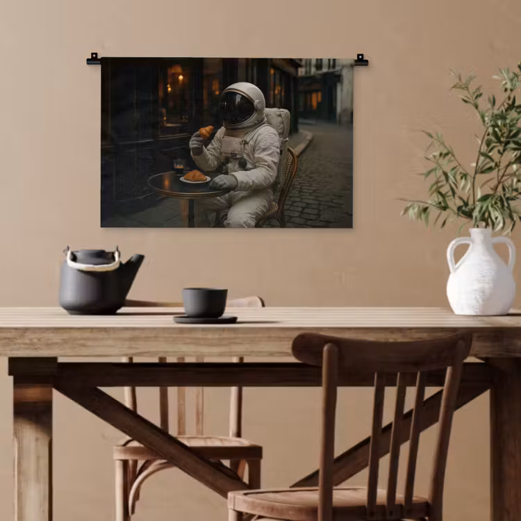 Café - Croissant - Koffie - Astronaut Wandkleed katoen klein -sfeer6