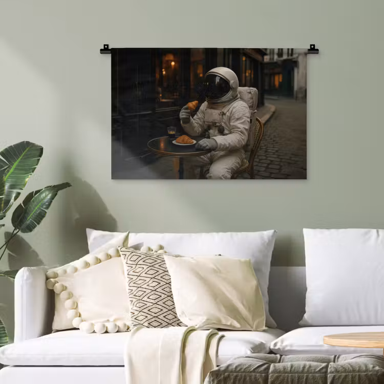 Café - Croissant - Koffie - Astronaut Wandkleed katoen klein -sfeer7