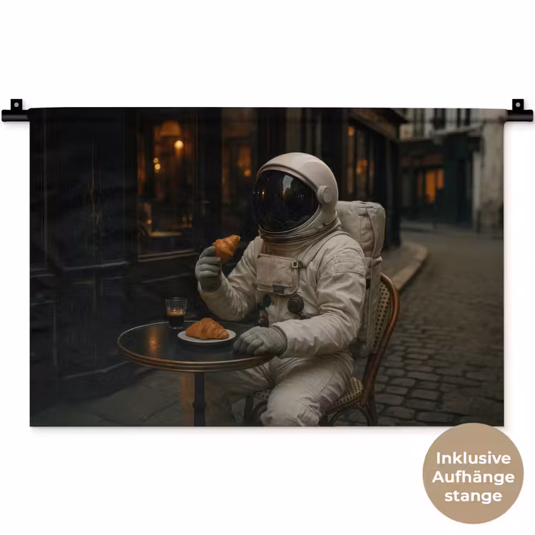 Café - Croissant - Koffie - Astronaut Wandkleed katoen klein -t3d_DE