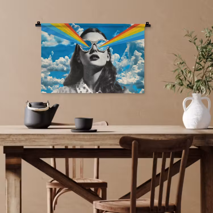 Vrouw - Bril - Regenboog - Wolken Wandkleed katoen klein -sfeer6