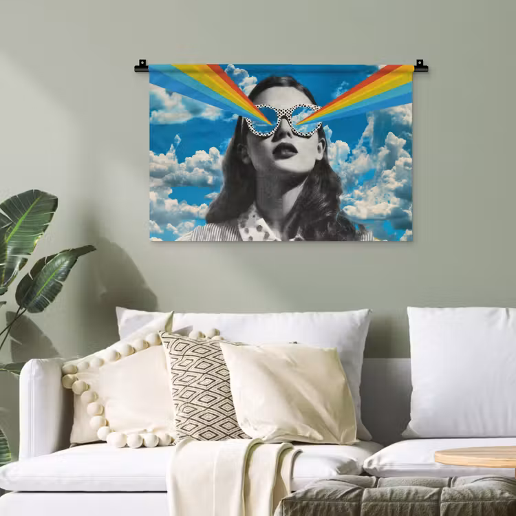 Vrouw - Bril - Regenboog - Wolken Wandkleed katoen klein -sfeer7