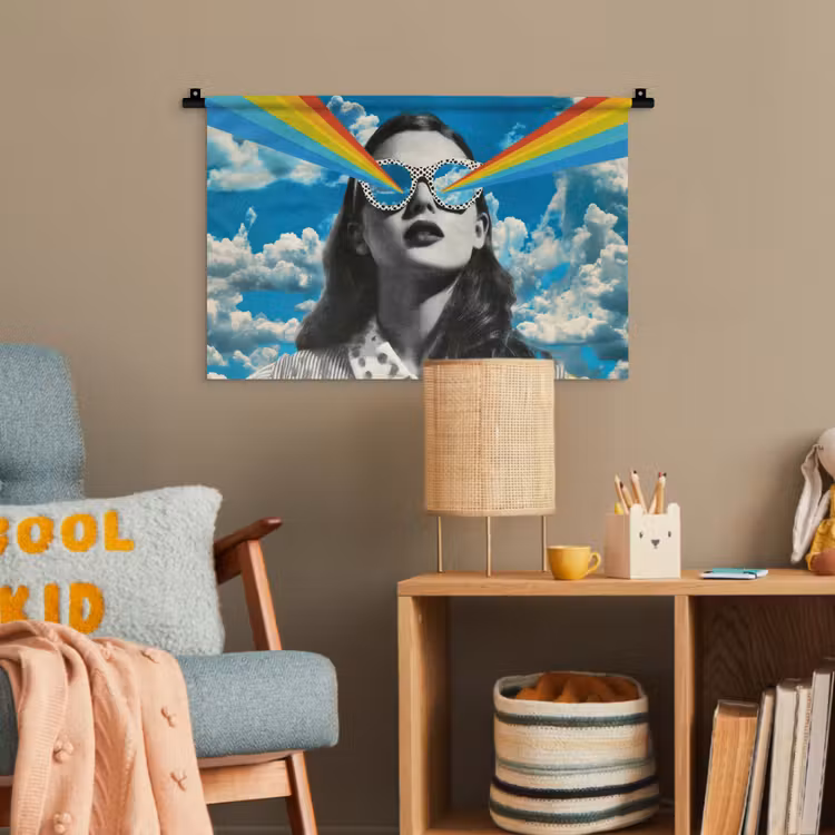 Vrouw - Bril - Regenboog - Wolken Wandkleed katoen klein -wsfeer4_kind