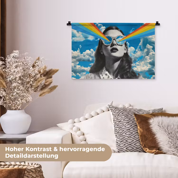 Vrouw - Bril - Regenboog - Wolken Wandkleed katoen klein -tsfeer1_DE