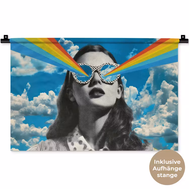 Vrouw - Bril - Regenboog - Wolken Wandkleed katoen klein -t3d_DE