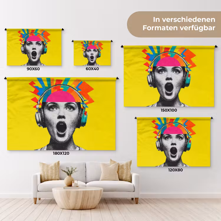 Vrouw - Koptelefoon - Geel Wandkleed katoen klein -tsfeer8_DE