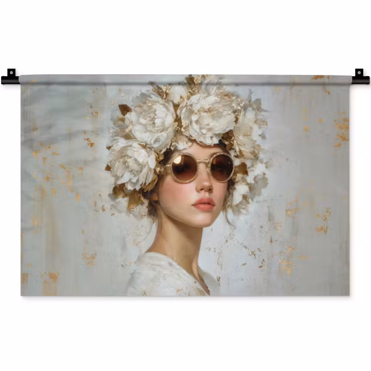 Schilderij - Vrouw - Zonnebril - Bloemenkrans Wandkleed katoen klein -zz3d
