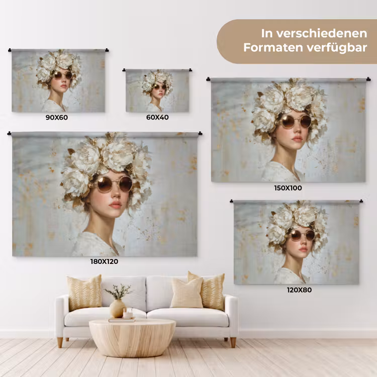 Schilderij - Vrouw - Zonnebril - Bloemenkrans Wandkleed katoen klein -tsfeer8_DE