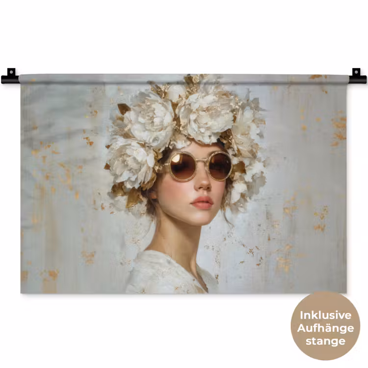 Schilderij - Vrouw - Zonnebril - Bloemenkrans Wandkleed katoen klein -t3d_DE