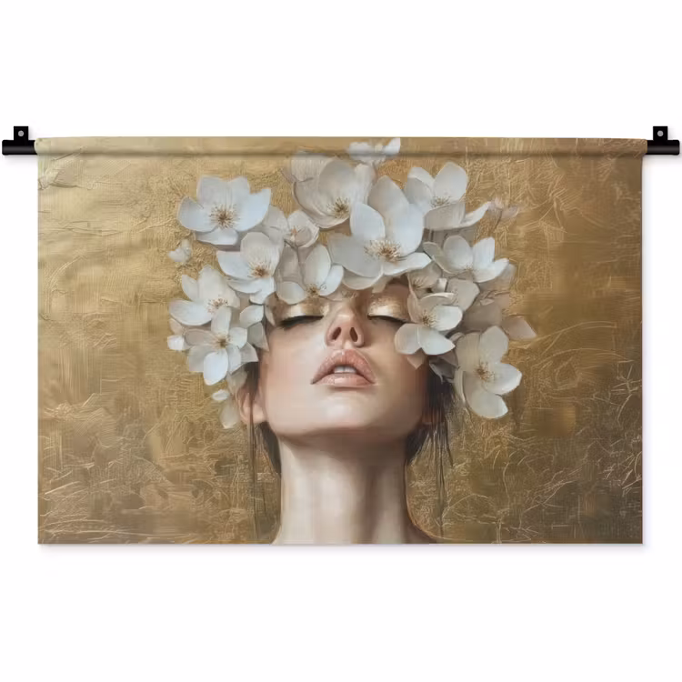 Gezicht - Bloemen - Goud - Abstract Wandkleed katoen klein -zz3d