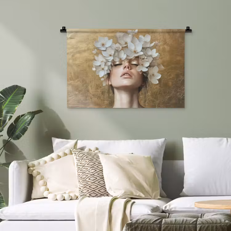 Gezicht - Bloemen - Goud - Abstract Wandkleed katoen klein -sfeer7