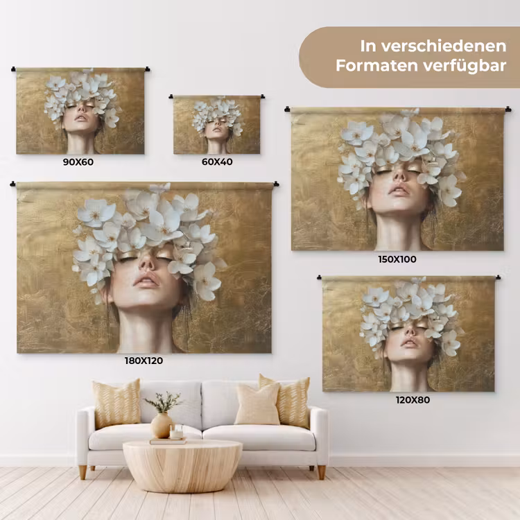 Gezicht - Bloemen - Goud - Abstract Wandkleed katoen klein -tsfeer8_DE