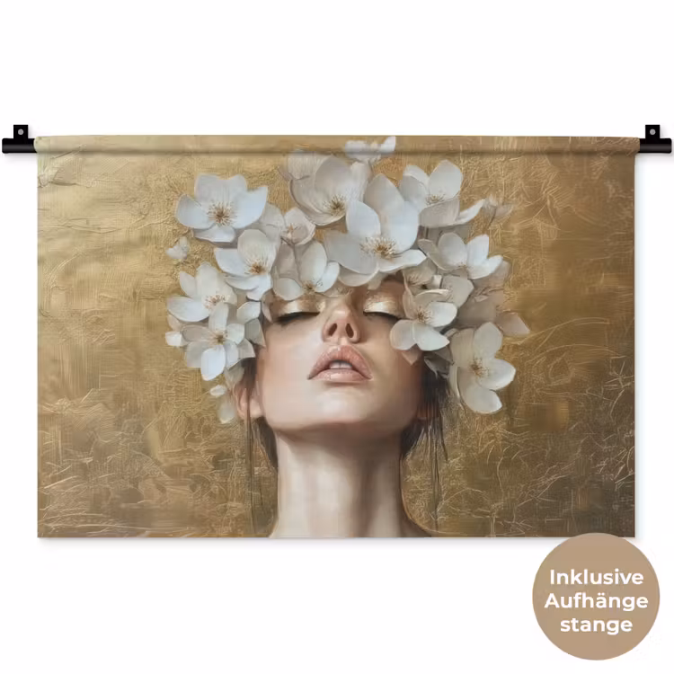 Gezicht - Bloemen - Goud - Abstract Wandkleed katoen klein -t3d_DE
