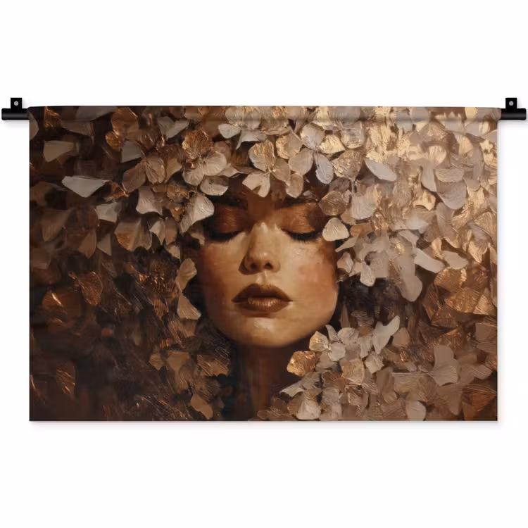 Gezicht - Vrouwe - Bladeren - Penseelstreken Wandkleed katoen klein -zz3d