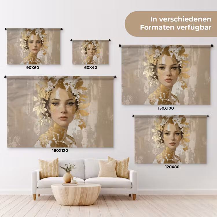 Gezicht - Vrouw - Bladeren - Goud Wandkleed katoen klein -tsfeer8_DE