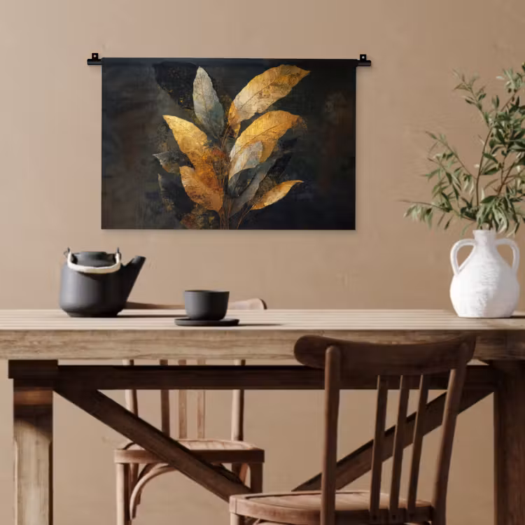 Gouden Bladcompositie – Botanische Luxe Wandkleed katoen klein -sfeer6