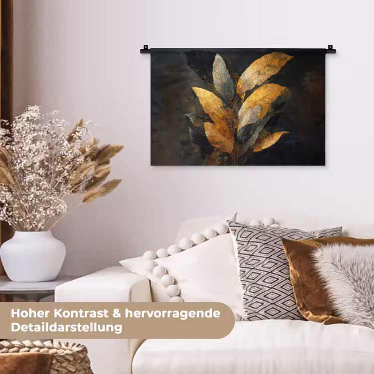 Gouden Bladcompositie – Botanische Luxe Wandkleed katoen klein -tsfeer1_DE