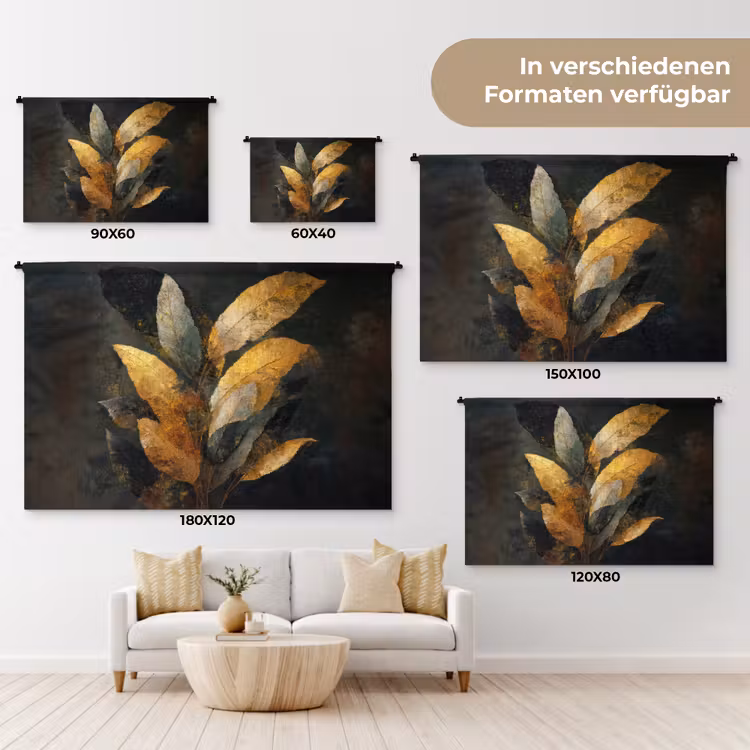 Gouden Bladcompositie – Botanische Luxe Wandkleed katoen klein -tsfeer8_DE